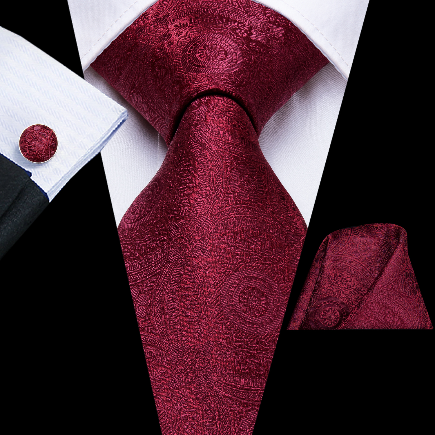 Hi-Tie Heren Cadeau Stropdas Set Rode Wijn Bordeaux Paisley Zijden Bruiloft Stropdas Voor Mannen Hanky manchetknoop