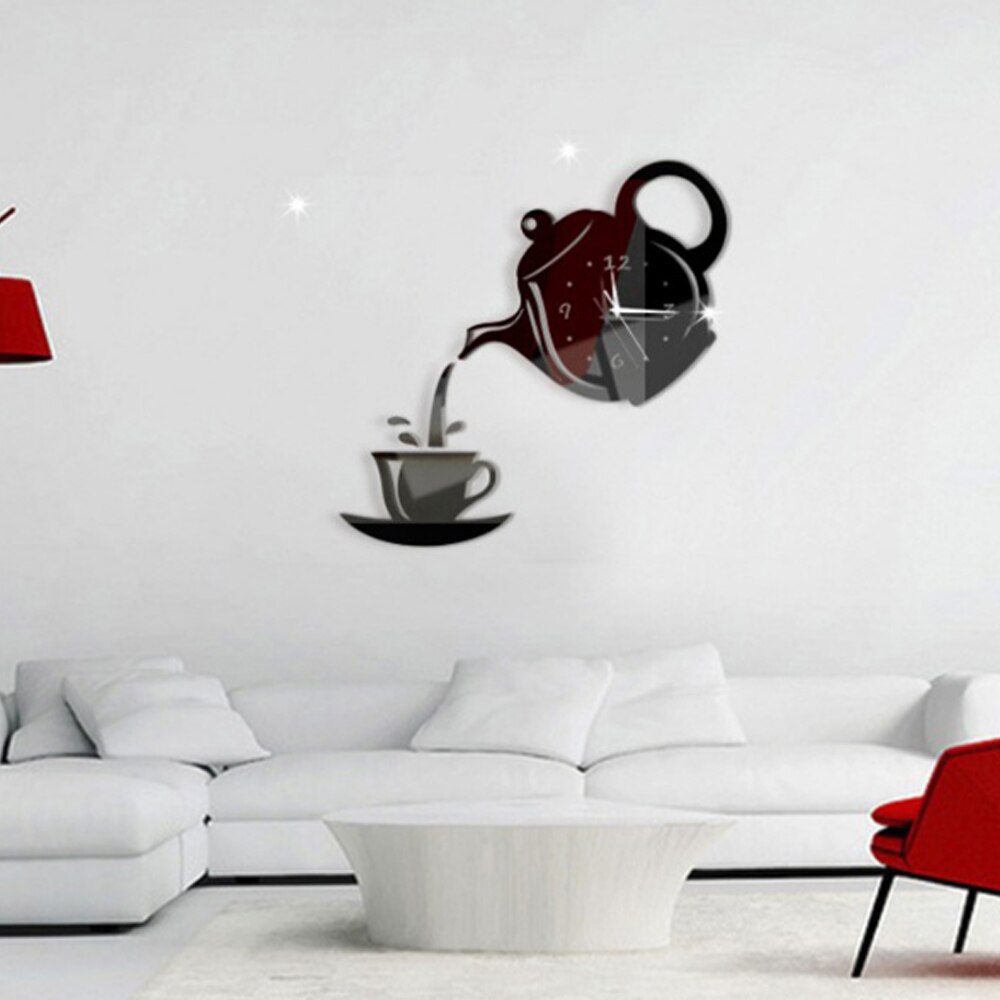 Diy Acrylic Coffee Cup Teapot 3D Mirror Wall Clock Decorative Kitchen Wall Clocks Living Room Home Decor Clock