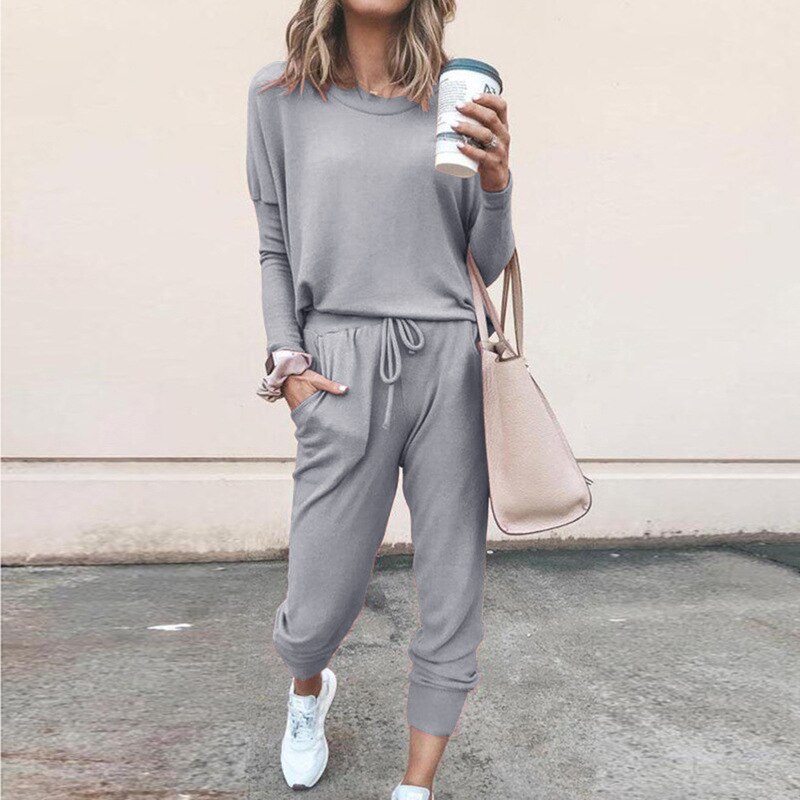 Herbst 2 Peice Set Frauen Elegante Hosen Sets Weibliche Casual Outfits Jogger Set Koreanische Sport Anzug Schwarz Baumwolle Trainingsanzüge: Light Grey / XL