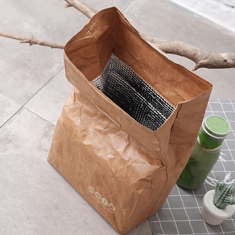 Fold Kraft Paper Lunch Bag Waterproof Insulation Thermal Food Bags Cooler Reusable Picnic Bags For Women Men Kids