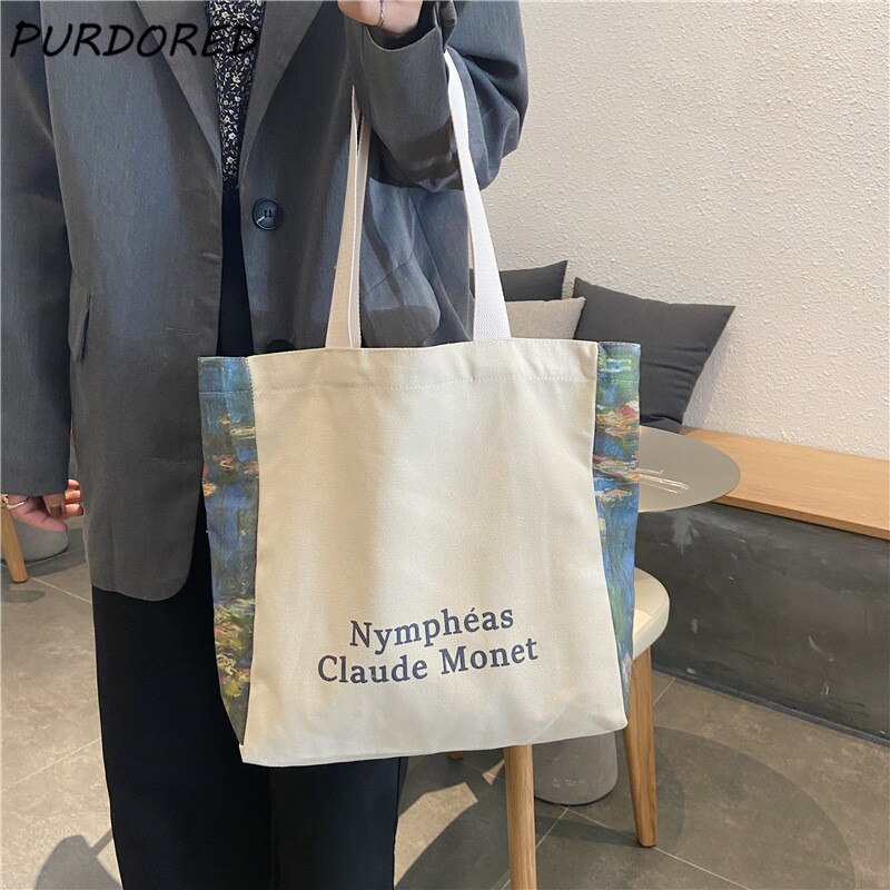 Borsa a tracolla per decorazione pittura 1 Pc PURDORED per donna borsa grande in tela Monet ninfea borse Shopping Bag