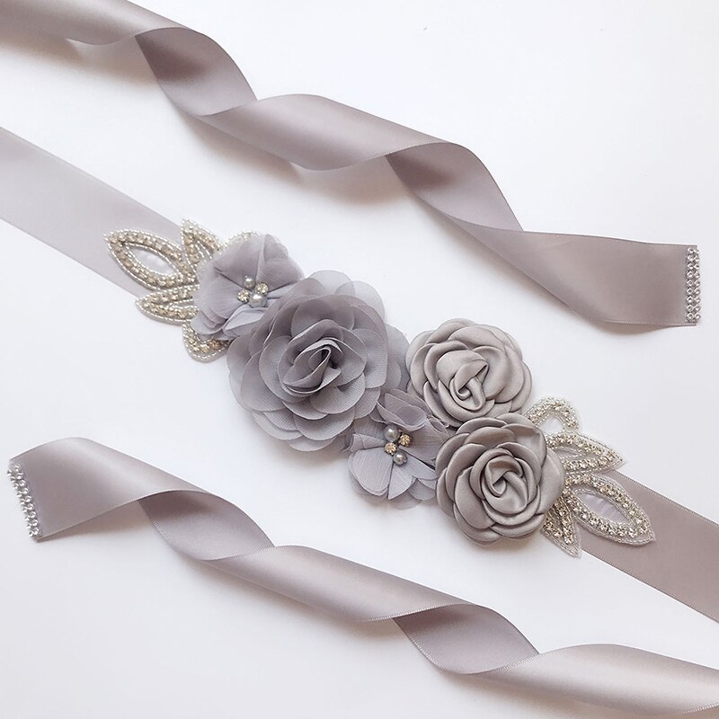 Bröllopsbälten blomma satin bröllopsklänning bälte brud strass band skärp gördel bälte för fest brudtärna kvinnor klänning: Grå