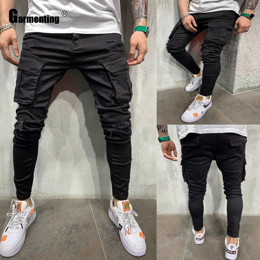 Garmenting Plus Size Mens Jeans Demin Pants Spring Autumn Hip Hop Trouser Men Casual Multi-pockets Skinny Pant