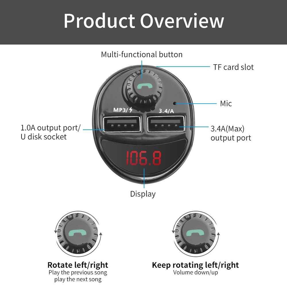 kebidu Car Charger FM Transmitter Bluetooth Car Audio MP3 Player TF Card Car Kit 3.4A Quick Charger Dual USB Car Phone Charger