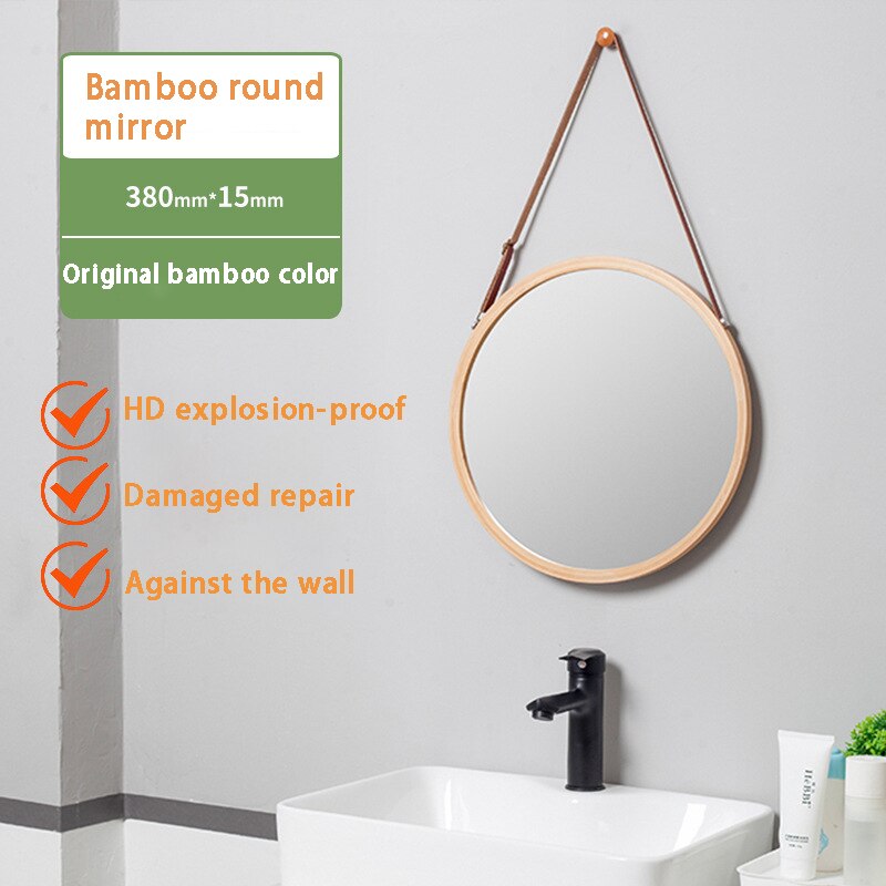 Espejo de pared redondo colgante para baño, marco de bambú sólido y correa de cuero ajustable, decoración de dormitorio, espejo redondo de maquillaje: Wood color 38cm