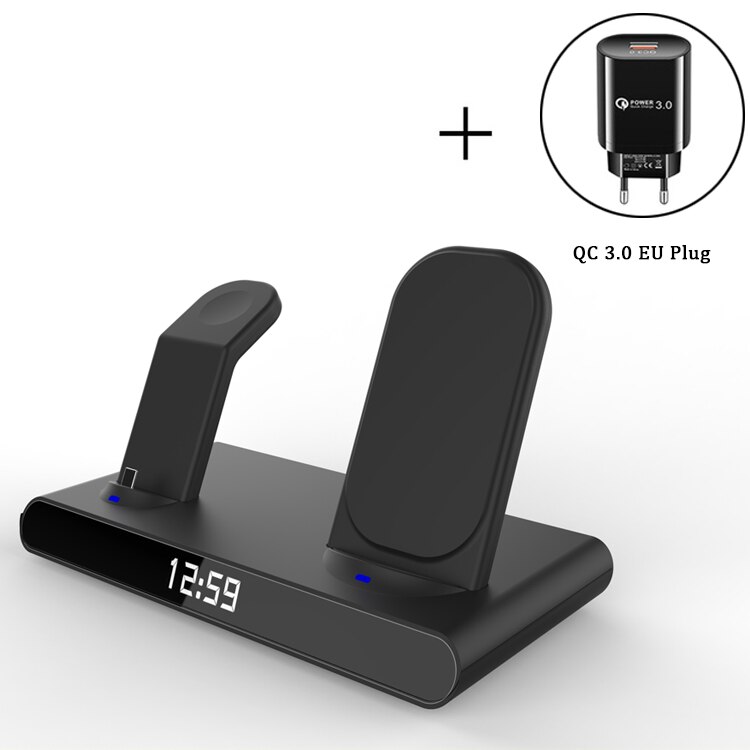 3 in 1 kabellos Ladestation Für iPhone 13 12 11 Profi Max/Apfel Uhr/AirPods LED Digital wecker Drahtlose Ladegerät Stehen: Schwarz-EU Stecker