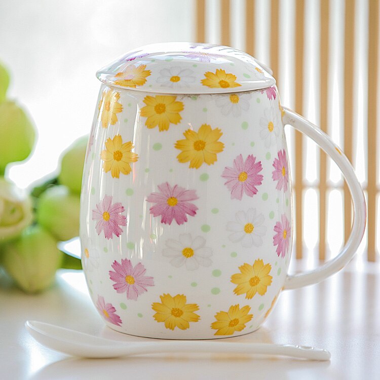 Fresh garden style Bone China Mug Country Style Milk mug Safe No Lead Anvanced Ceramic Coffee with Spoon with Lid