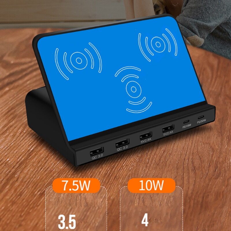 Universal 6Ports 30W Type C PD QC3.0 USB 10W Dual Wireless Charger Station Stand for Laptop Cellphone Tablet Fast Charger