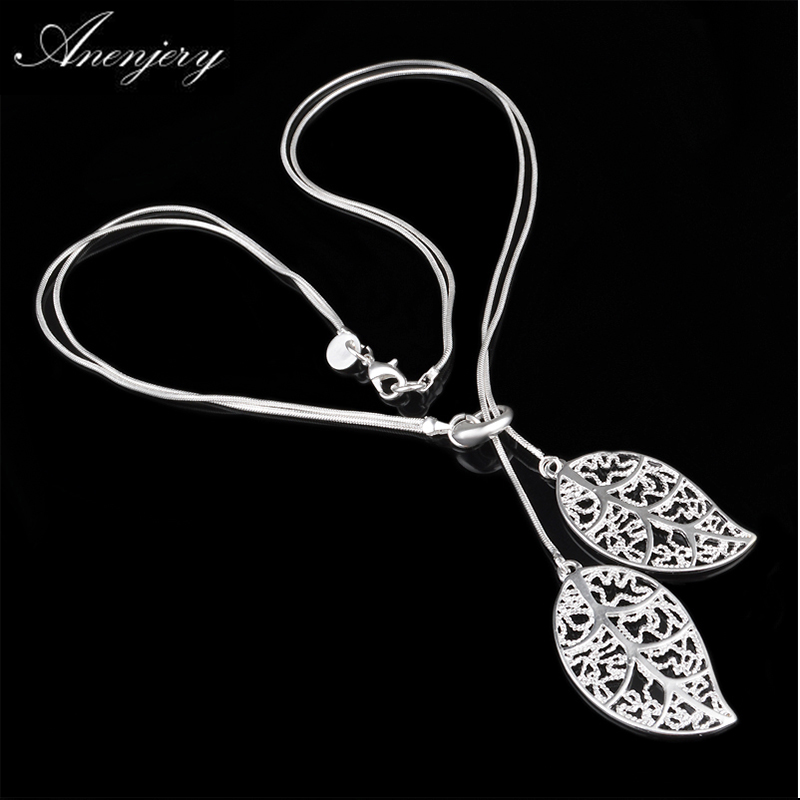 Anenjery Silver Color Necklace Hollow Flowers Leaves Pendant Necklace For Women Choker S-N25