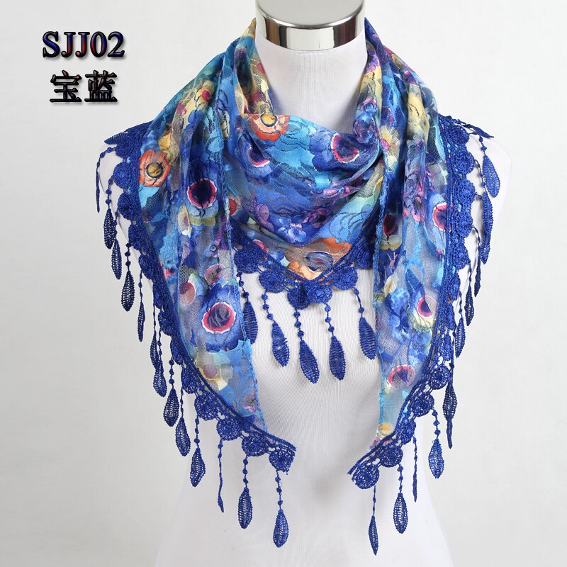Women Triangle Scarf Lace Floral Summer Beach Tassel Scarves Chiffon Silk Wrap Pashmina Stole Foulard Hijab SJJ02: Sapphire blue