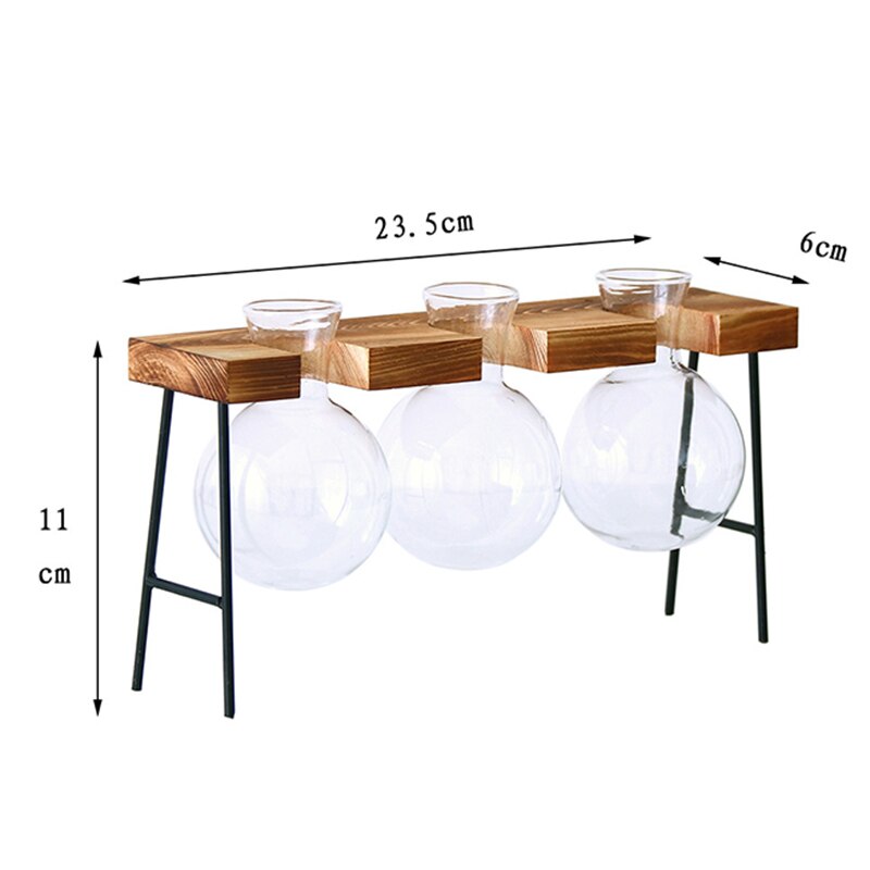 Terrario hidropónico para plantas, florero transparente con marco de madera, decoración de mesa de vidrio, planta de bonsái, decoración de flores: Three bottles