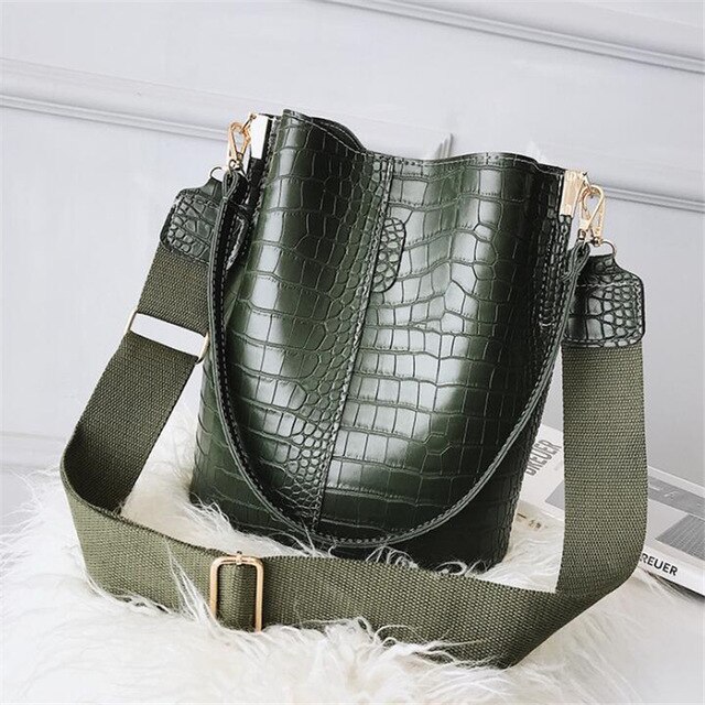 Yogodlns – sac à bandoulière motif Crocodile pour femmes, sacs en cuir Pu, sacs seau grande taille rétro Large sangle: Green