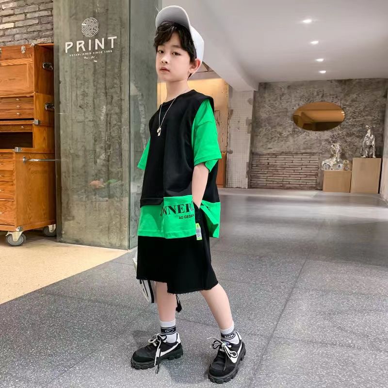 2022 nowe zestawy ubrań dla chłopców letnie dzieci chłopcy garnitur T-koszula + spodenki 2 kawałki garnitur dzieci nastoletnie dla 4 6 8 10 12 14 lat stroje: czarny / 4