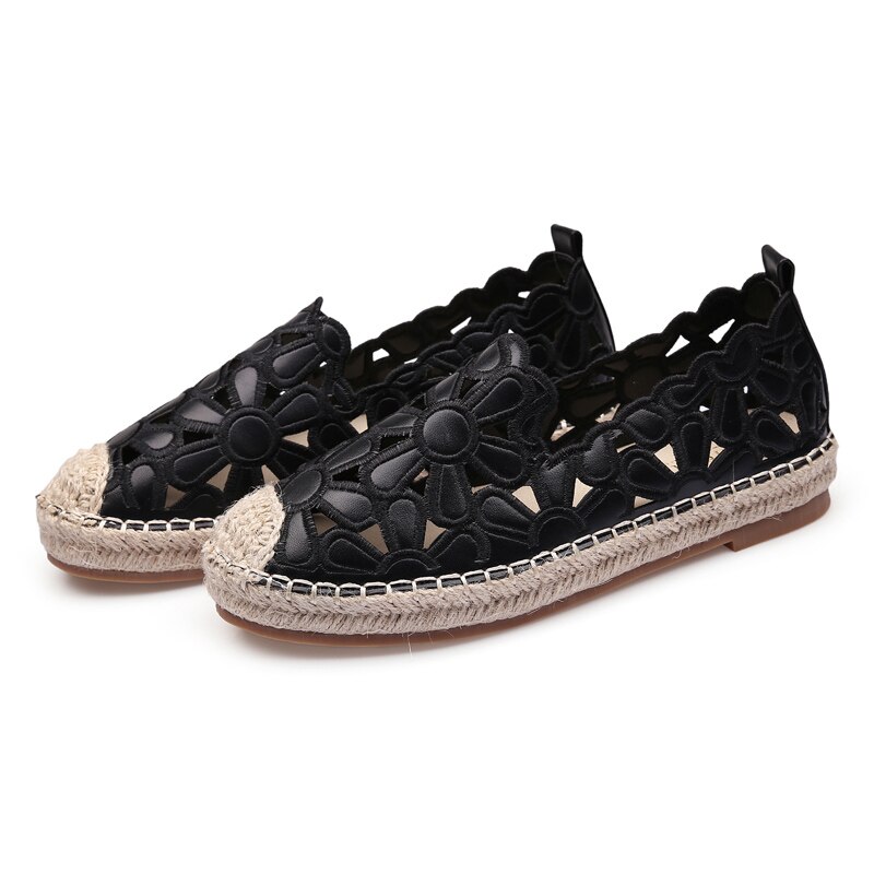 Women Straw Shoes Flat Heel Shallow Mouth Women Flower Hollow Casual Shoes Summer Flat Shoes Mujer Chaussuress: Black / 5