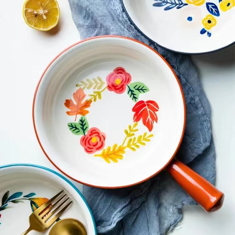 Ceramic Glaze Baking Bowl with Handle Salad Bowls Barbecue Cheese Baked Rice Baking Pan Round 4 Seasons Bakeware Home Decoration