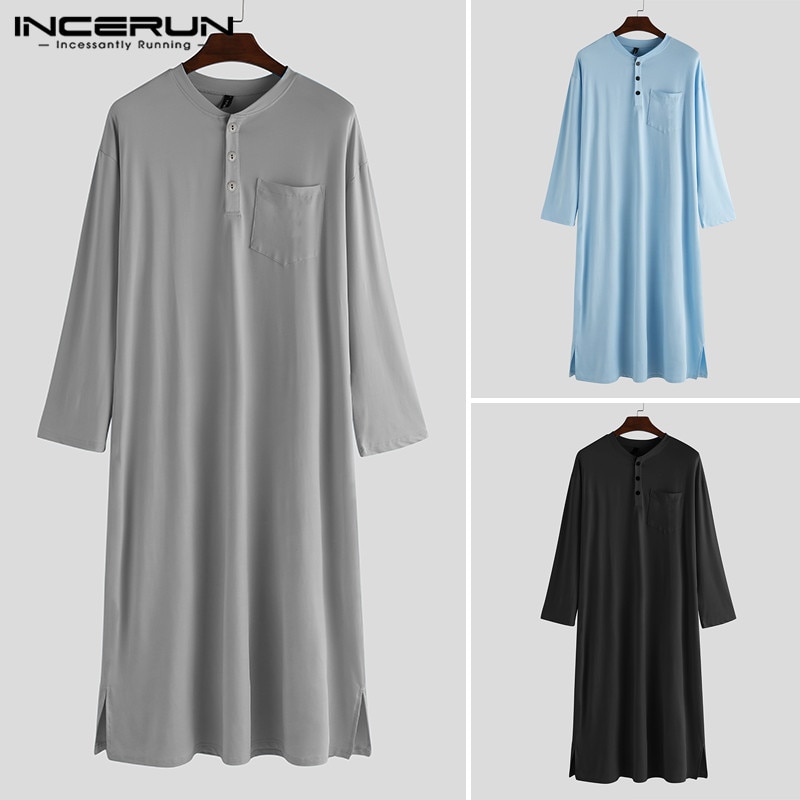 Incerun menn robes langermet pyjamas ensfarget fritid komfortabelt hjemmetøy o hals badekåper herre kaftan nattøy robes