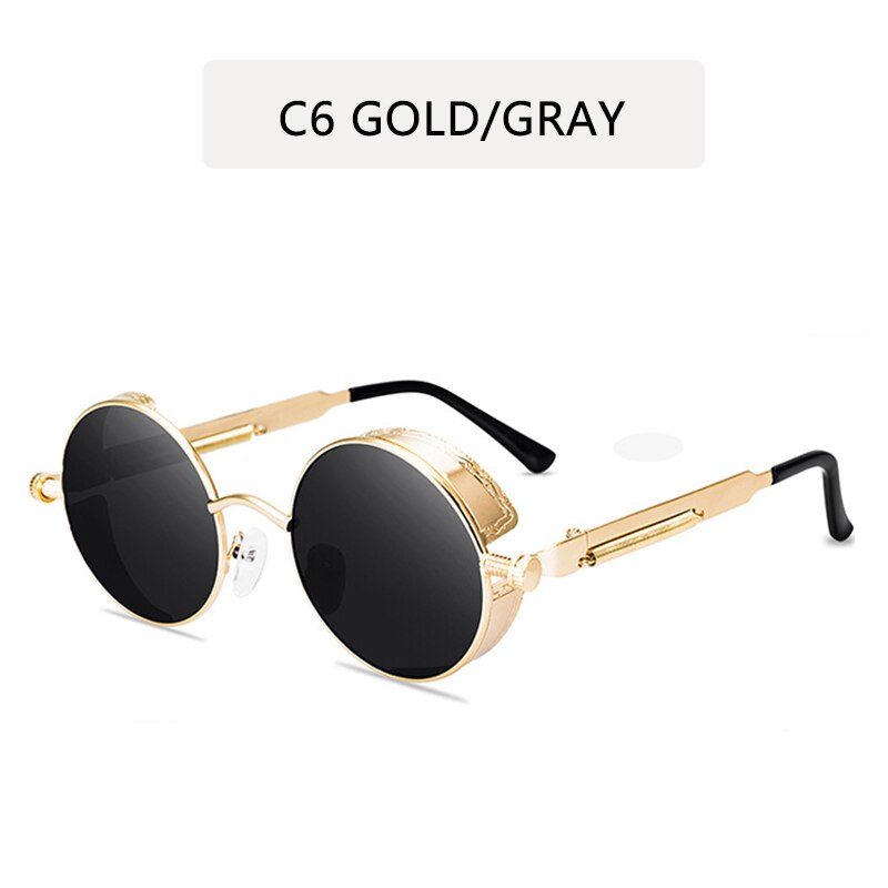 Klassisk gotisk steampunk stil runde solbriller mænd kvinder mærke retro runde metalstel farverige linse solbriller: C6