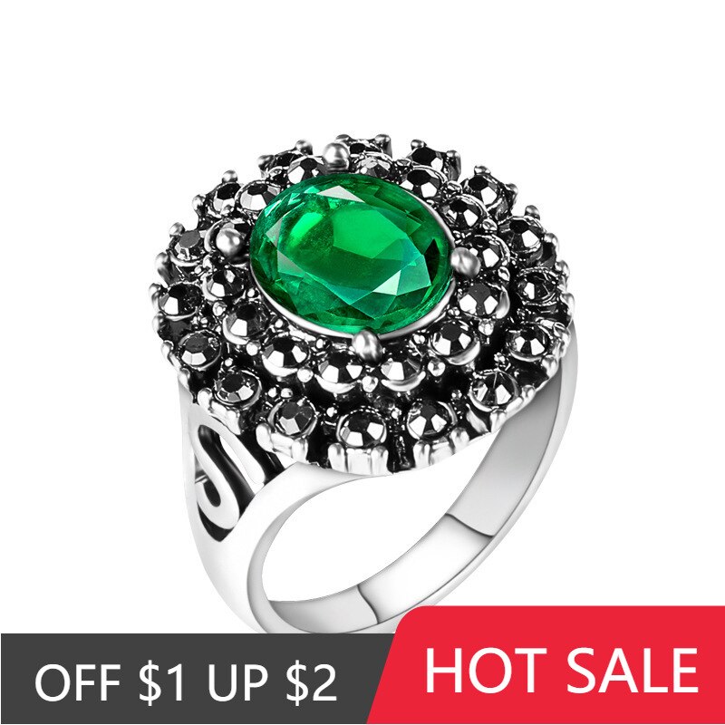Retro Ring Silver Color Dripping Oil Carving Flower Ring Party Girl Green Jewelry