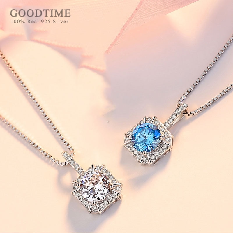 Pure 925 Sterling Silver Pendant Necklace For Women Square Zircon Rhinestone Necklace Valentine's Day For Girl