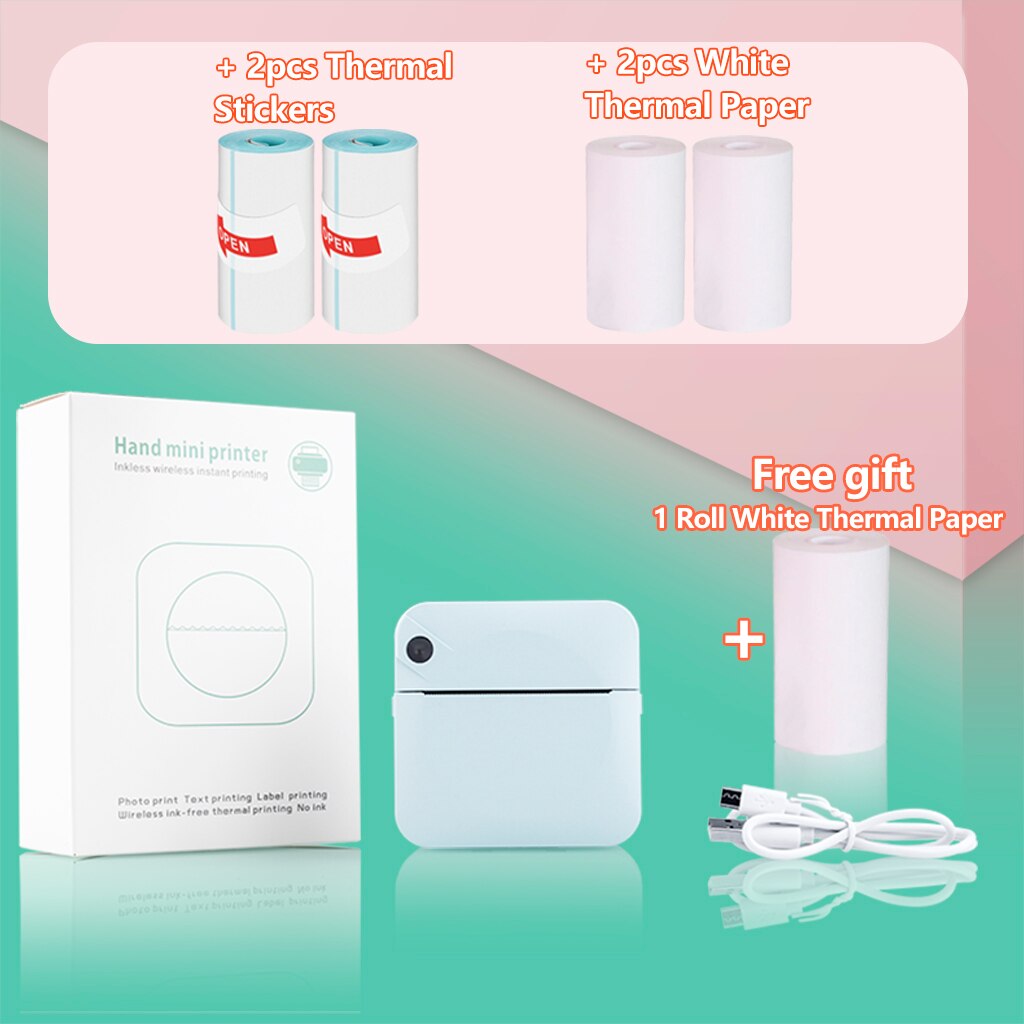 Portable Mini Printer Pocket Printer Student Note Printer Photo Text Bar Code Printer: Blue 2WH 2Sticker