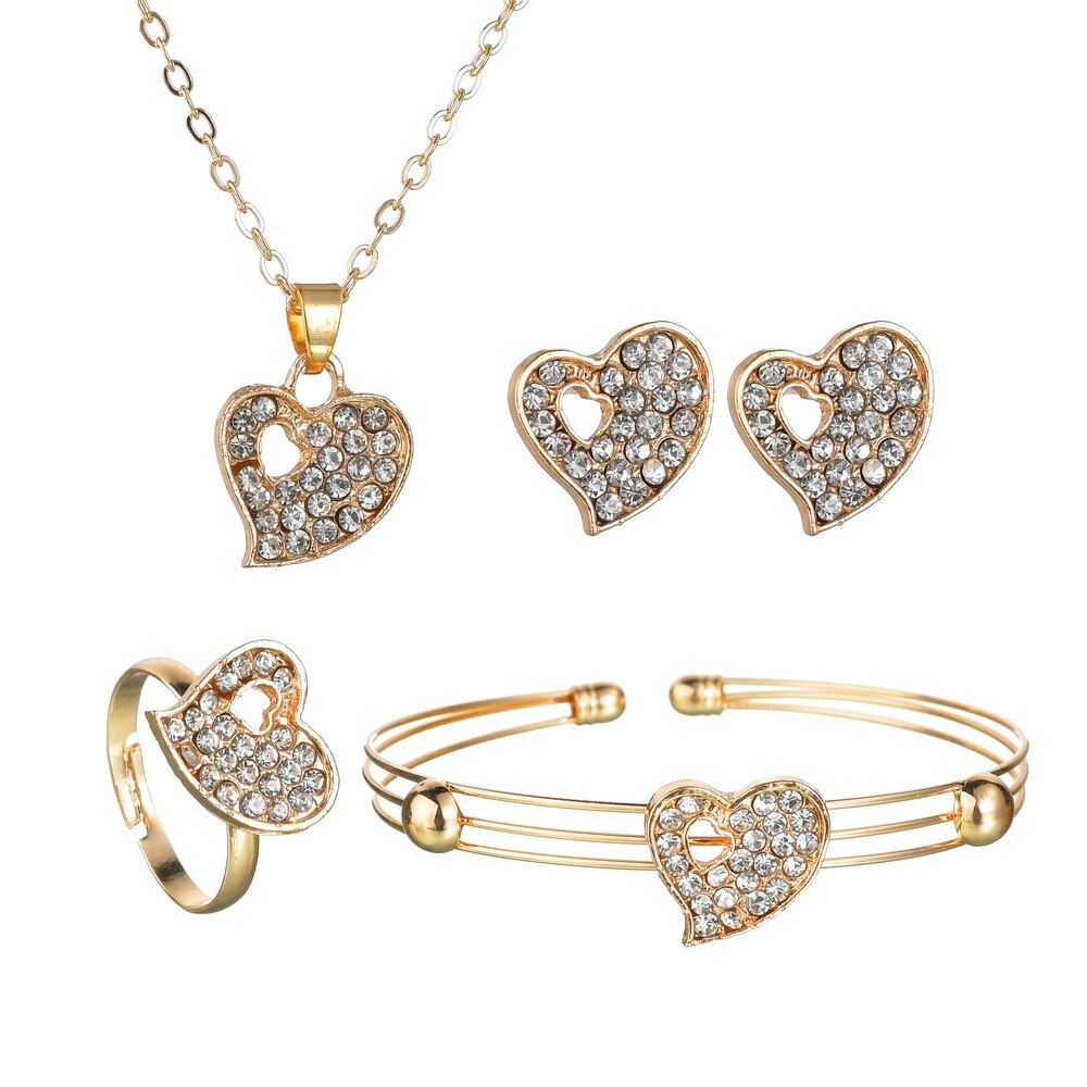 Terreau Kathy 4 stuks Leuke Hartvormige Neclace Oorbellen Sets Sieraden Kristal Kid Kinderen Mooie Goud Kleur Sieraden Sets voor meisje: N1676