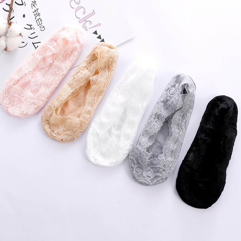5 Pairs Vrouwen Kant Onzichtbare Sokken Siliconen Antislip Katoen Mode Sokjes Slippers Vrouwelijke Zomer Dunne No Show boot Sokken