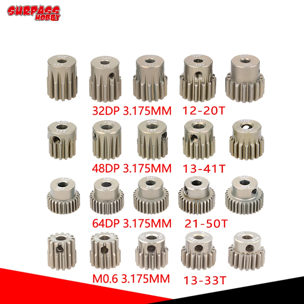 SURPASS HOBBY 5PCS 32DP 48DP 64DP M0.6 M0.8 Motor Gear Metal Pinion 12T-50T for 1/10 1/12 RC Car 3.175mm Shaft Motor 540 3650