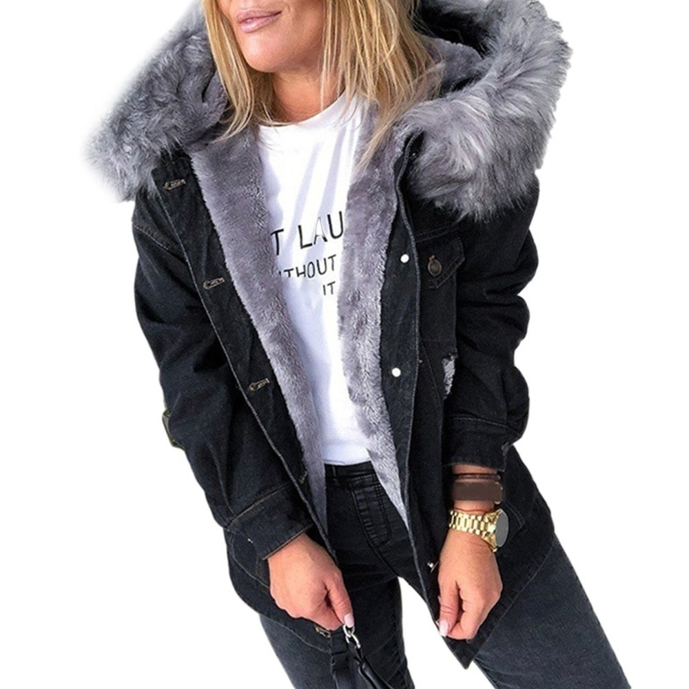 Dam vinter varm fluffig krage huva jeansjacka tjock plyschfodrad varm långärmad jeansjacka buttondown överdimensionerad lös jacka