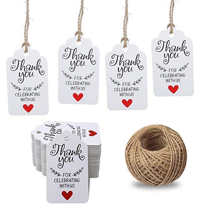 100 piezas de papel kraft gracias por celebrar con nosotros para la boda etiquetas de Paquete de etiquetas etiquetas de precio hechas a mano de joyería: Rosa claro
