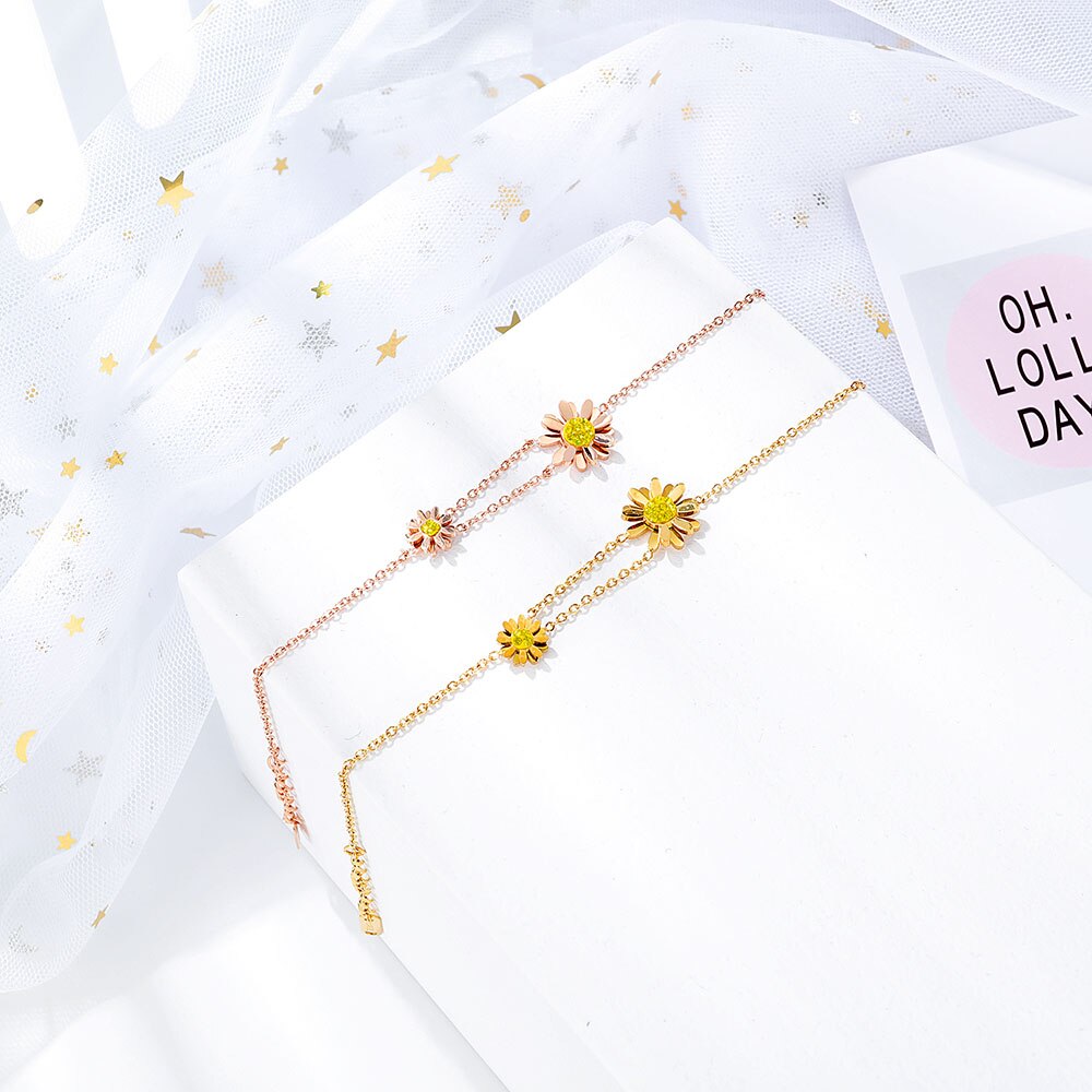 Lokaer Stainless Steel CZ Crystal Sun Flower Daisy Charm Bracelets Bohemia Link & Chain Bracelet For Women Girls B17089