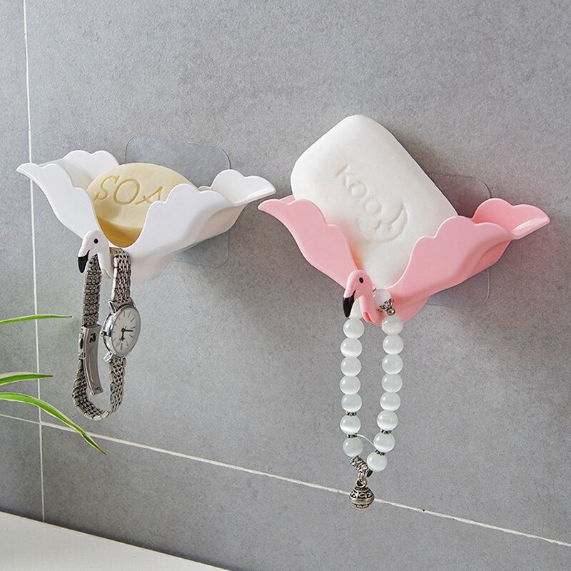 Flamingo Soap Dishes Drain Suction Cup Box Wall-mounted Soap Protection Tray Storage Shelf Rack with Hook Bathroom Tools