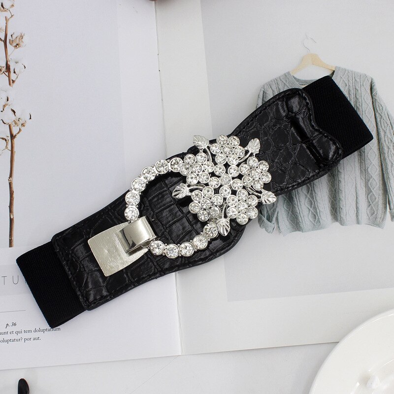 Ceintures pour femmes noires, taille élastique Simple pour dames, boucle de ceinture en métal avec décoration en diamant, pull robe à la ,: D