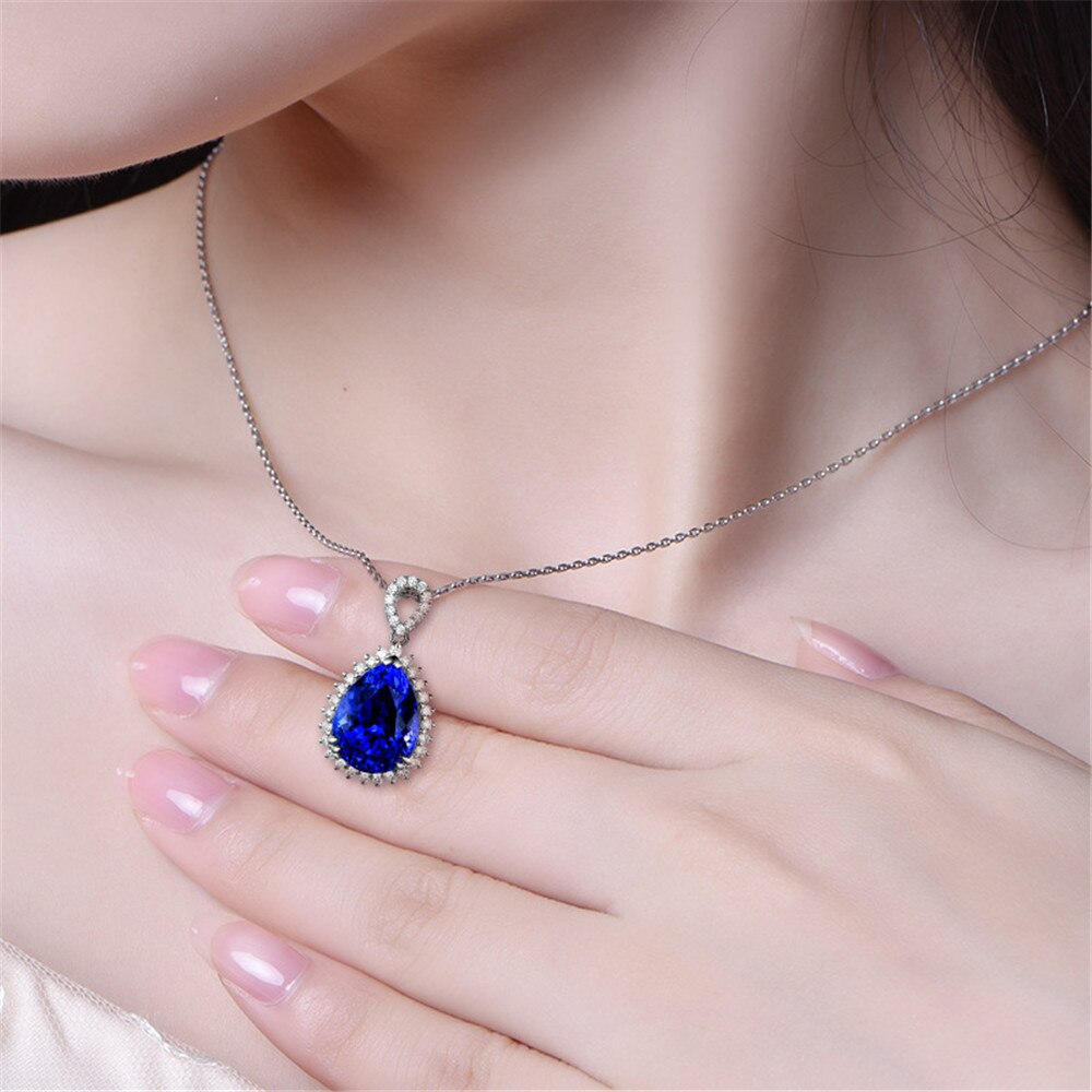 Big Blue sapphire anhänger halskette frauen kristall zirkon diamanten edelstein weiß gold braut fest schmuck-party Weihnachten