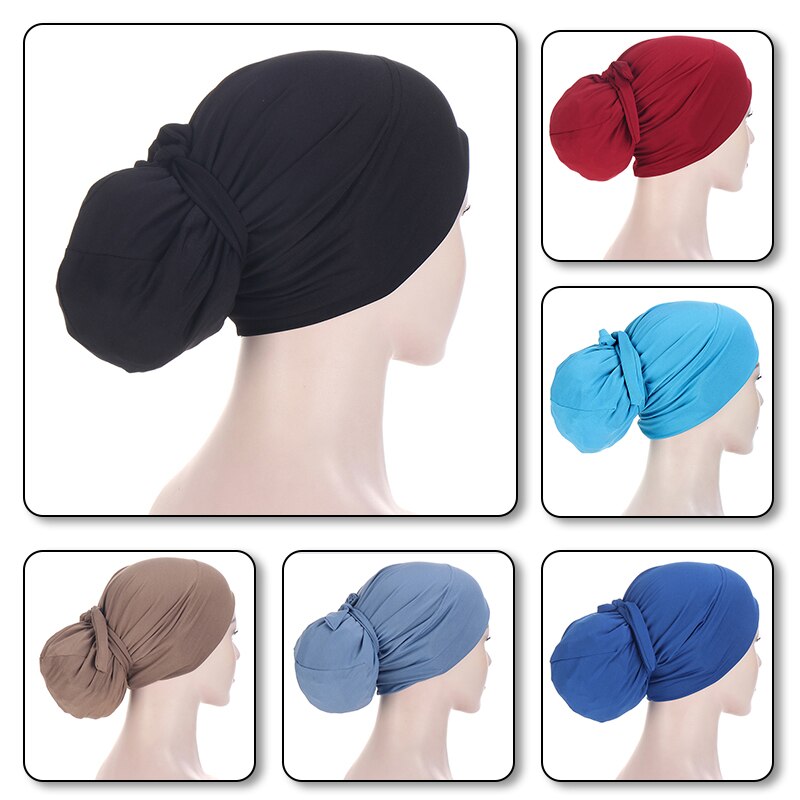 Polyester Headscarf 2022 Elastic Turban Hat Solid Color Women Warm Winter Headscarf Bonnet Inner Hijabs Cap Muslim