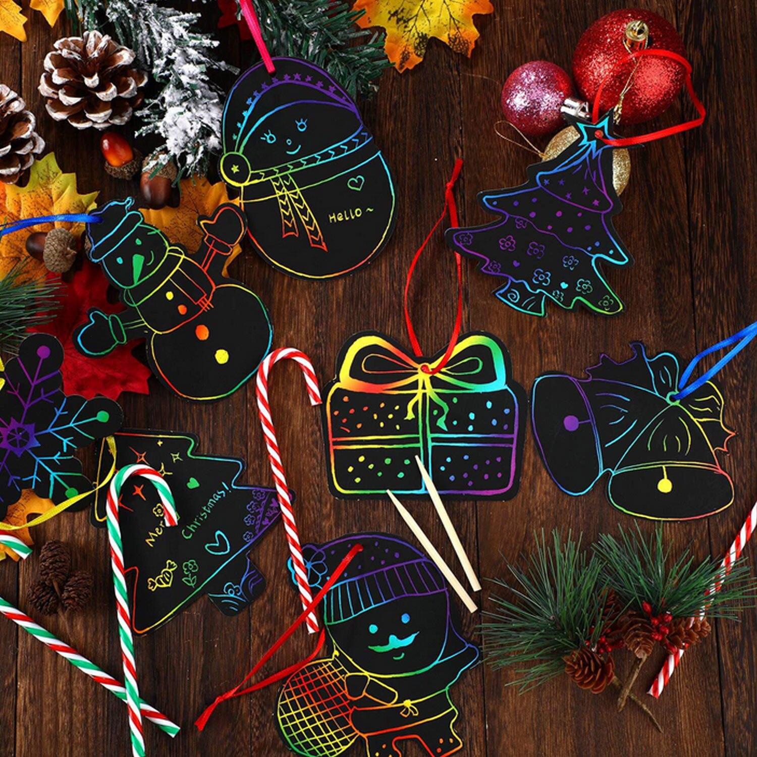 24PCS Scratching Card Rainbow Color Christmas Tree Ornaments Scratching Paper Chirldren Drawing Toy Christmas