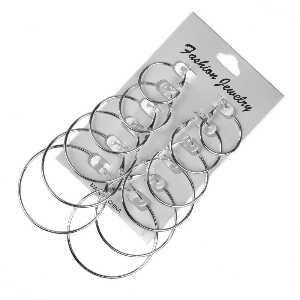 12 Paren/set Oversized Grote Cirkel Hoepel Oorbellen Set Voor Vrouwen Simple Punk Brinco Ronde Oorbellen Partij Sieraden: 6Pairs Silver