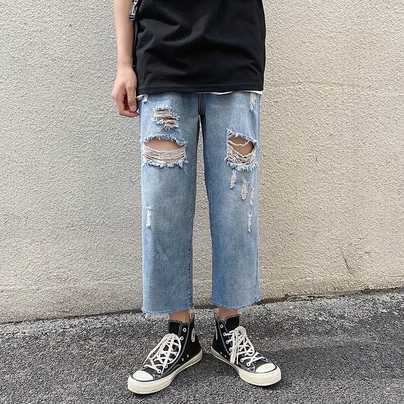Trasigt hål slits raka ljusa blå & grå jeans koreansk stil lös trend matchande jeansbyxor för ungdomar 5xl: L