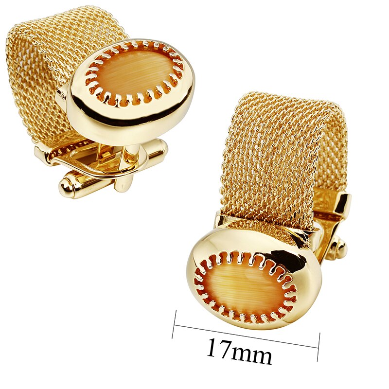 Hawkons manchetknopen met ketting voor heren - stenen en glanzend gouden overhemdaccessoires - feest voor jonge mannen (kattenoog)