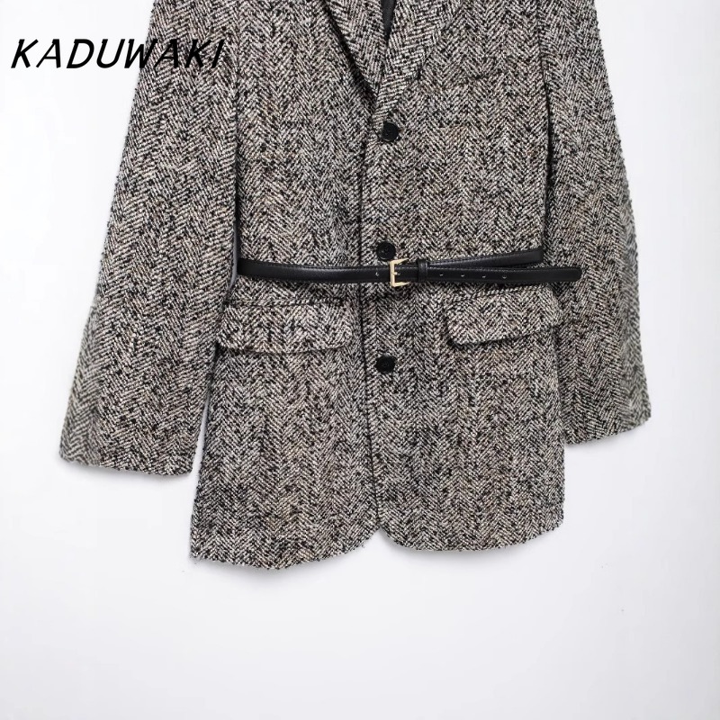 KADUWAKI Cappotto strutturato grigio a maniche lunghe con risvolto retrò Classico blazer versatile per pendolari allentato con cintura Куртка Ж gessi¢юшоном