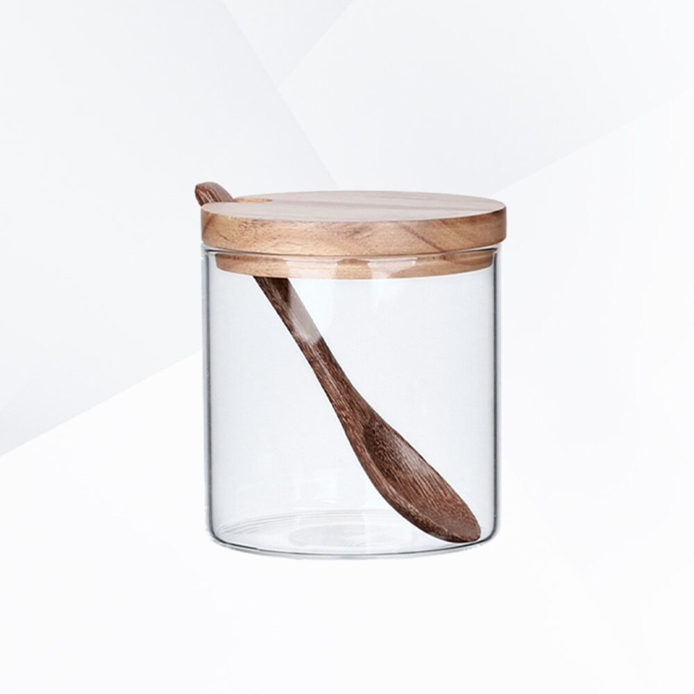 Jarra de vidrio para condimentos de cocina, recipiente para especias, jarras de sal, recipiente para condimentos con tapa y cuchara (estilo de cuchara aleatorio)