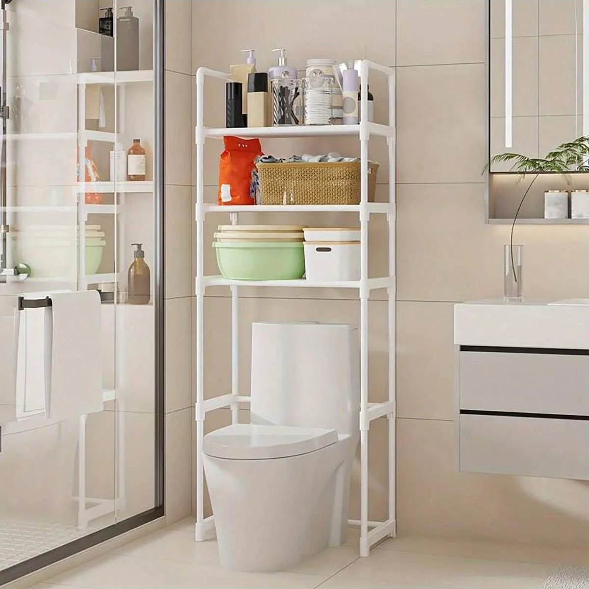 Badkameropbergrek Ruimtebesparende standaardhouder Multifunctionele vloertype Toiletopbergrekken Meerlaagse wasmachineplank: WHITE