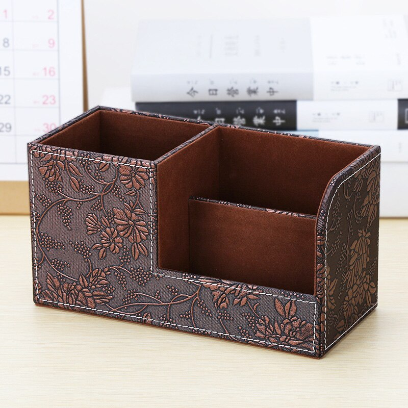 Desktop Stationery Remote Control Small Storage Box Multi-Function Leather Pen Holder Set Desktop Stationery Box Organizer: EP