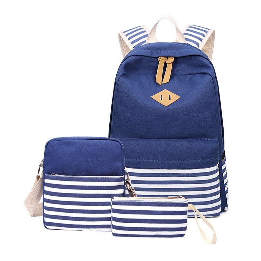 3 pièces noir et blanc rayure vintage toile sac à dos fille cartable enfants sac à dos sacs d'école pour filles sac à bandoulière porte-crayon: dark blue