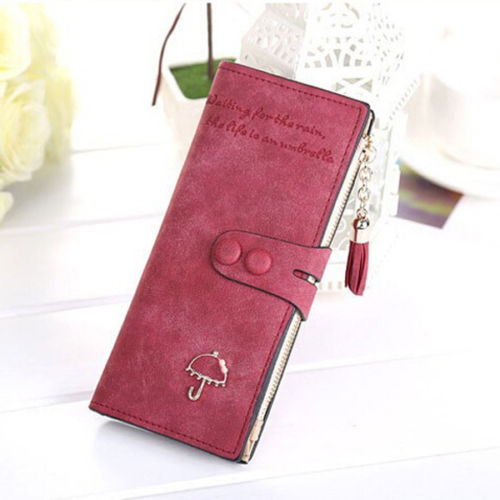 Womens Lady PU Leather Card Holder Long Wallet Clutch Checkbook Zip Frosted Tassel Button Letter Umbrella Scrub Textured Purse