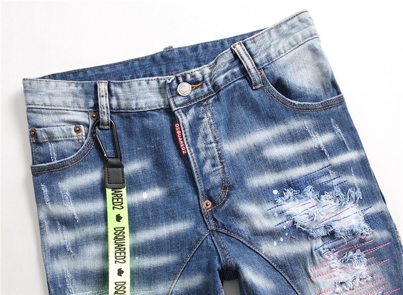 Kimsere heren hi street destroyed jeans merk gescheurde denim broek met gatenpatches gescheurde jeans rechte pasvorm