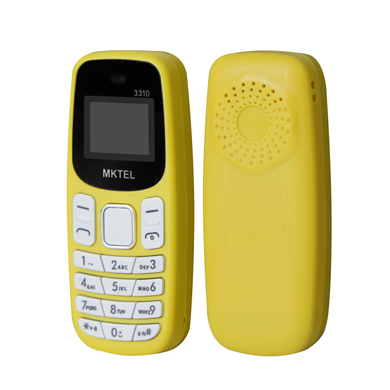 Mktel 3310 mini funktionstelefon med ørekrog, dobbelt sim-kort, dobbelt standby,  mp3/mp4/ fm-radio/bluetooth/gprs: Gul