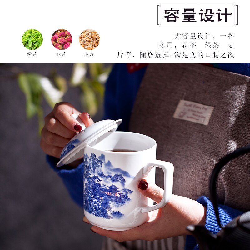 500Ml Chinese Stijl Bone China Jingdezhen Blauw En Wit Porselein Kopje Thee Kantoor Drink Cup Reizen Theewaar