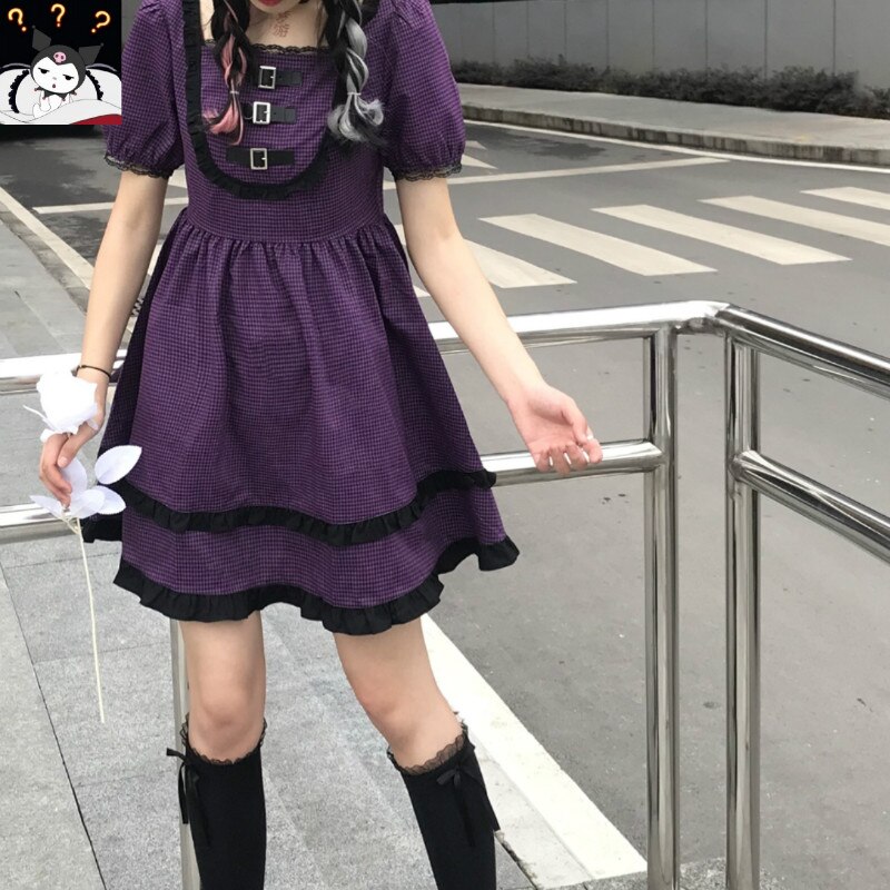 Harajuku japonés gótico Lolita para mujer, Vestido corto de morado con botones cuadrados y cuello de encaje con volantes