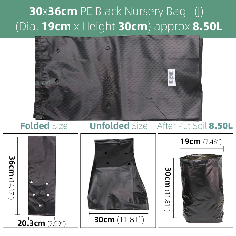 Bolsas de plástico de polietileno para vivero, macetas de cultivo de plantas de tela con agujeros transpirables para cultivo doméstico, suministros de jardinería, color negro, 100 piezas: Black 30x36m