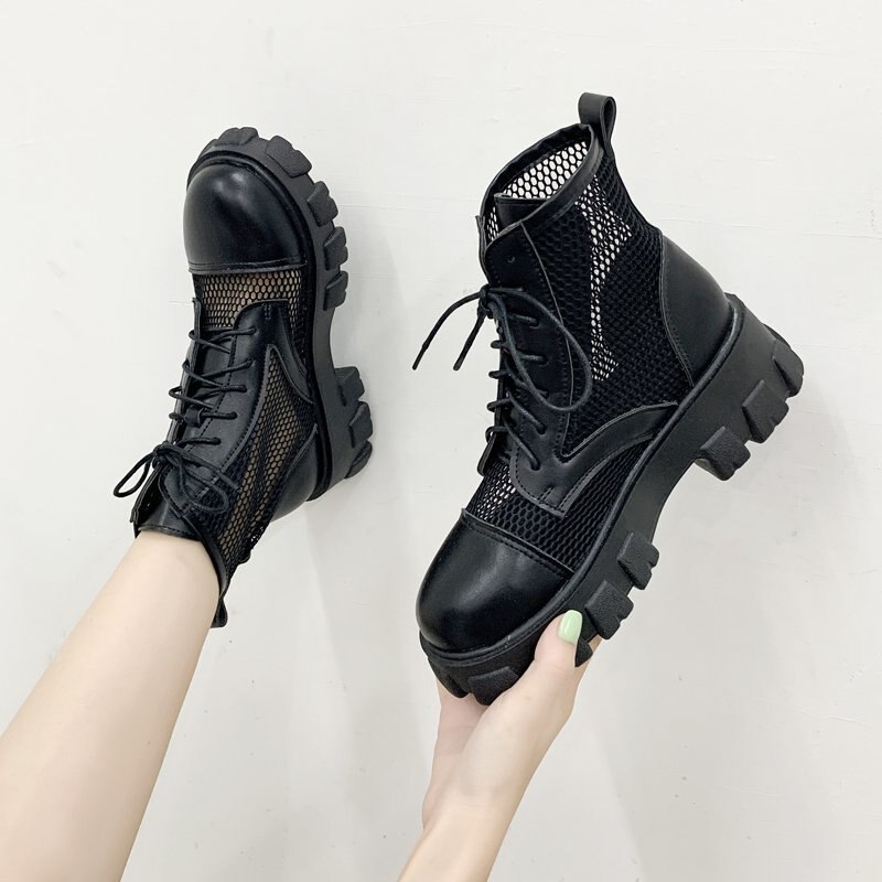 Comemore Vrouwen Laars Zwart Mesh Lace Up Punk Gothic Vrouwen Enkellaarsjes Platform Schoenen Vrouwen Zomer Laarzen dames Maat 40: 38